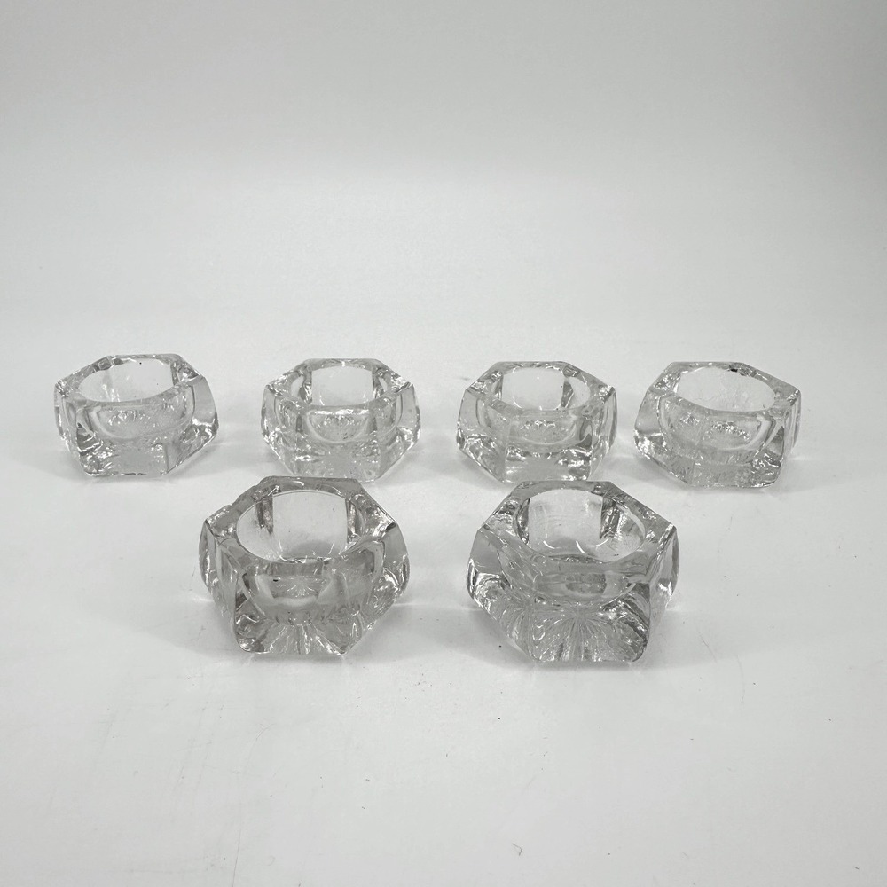 Vintage‎ Set of 6 Clear Glass Hexagonal Open Salt Cellars Starburst Pattern